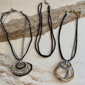 Layered Silver & Black Pendant Necklace - Women's Fashion Jewelry. Set of 3